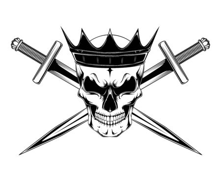 Vector image of a black and white skull in a crown with a sword. Image on white background.のイラスト素材