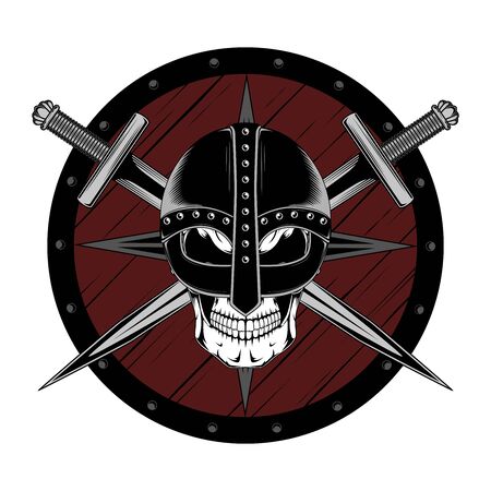 Skull in a helmet with swords and shield. Vector image on white background.のイラスト素材