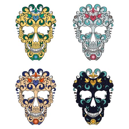 Set of vector images of multicolored skulls. Skulls decorated with floral pattern.のイラスト素材