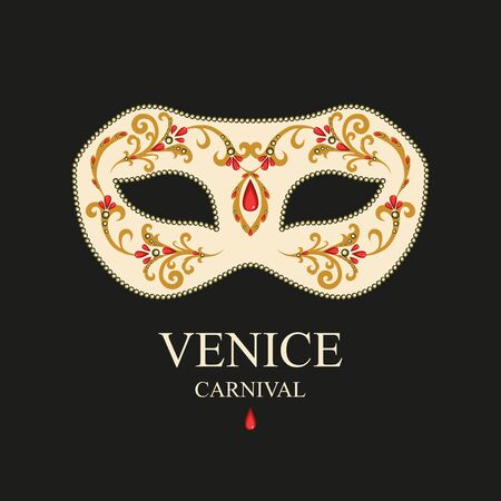 Carnival mask decorated with a decorative golden pattern, beads, precious stones. Vector image of a traditional venetian mask.のイラスト素材