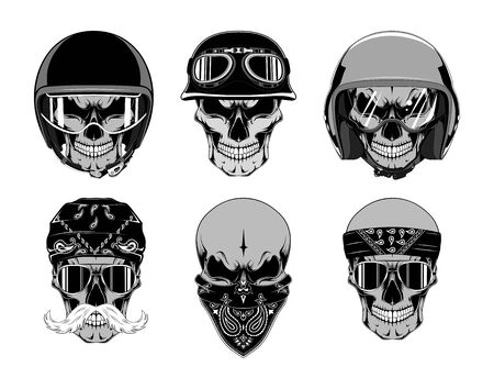 Set of skulls in motorcycle helmets and bandanas. Vector image on white background.のイラスト素材