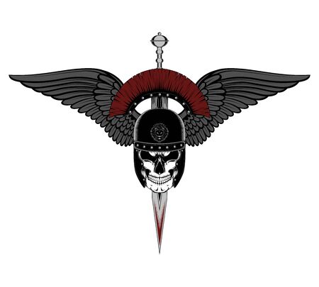 Skull in a roman helmet with a sword and wings. Vector image on white background.のイラスト素材