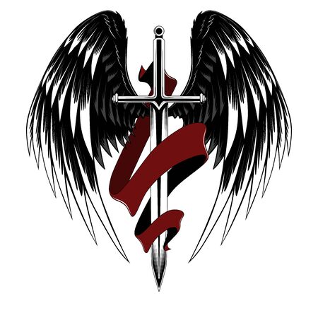 Sword with wings and red ribbon. Vector image on white background.のイラスト素材