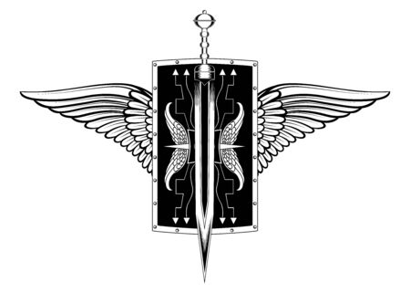 Black and white vector image of a sword, shield, wings.のイラスト素材