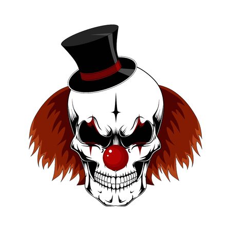 Vector image of a clown skull in a cylinder hat with red hair. Image on white background.のイラスト素材