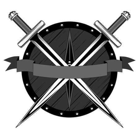 Vector image of a round shield with swords. Image on white background.のイラスト素材