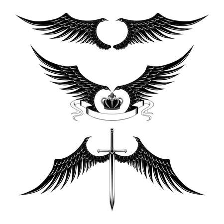 Black and white set of vector images of wings. Wings, wings with a sword, wings with a crown and ribbon. Vector images on a white background.のイラスト素材