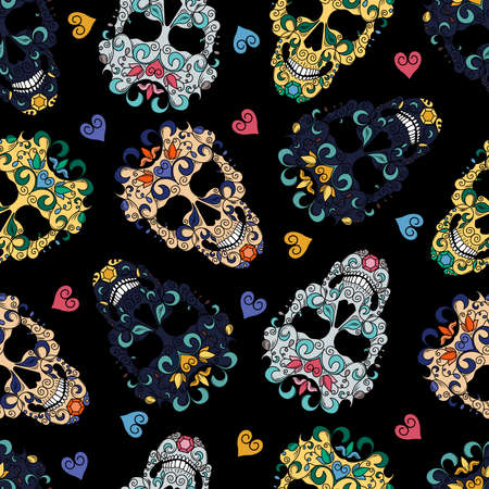 Seamless texture with the image of multi-colored Mexican skulls and hearts. Skulls decorated with floral ornaments. Image on a black background.のイラスト素材