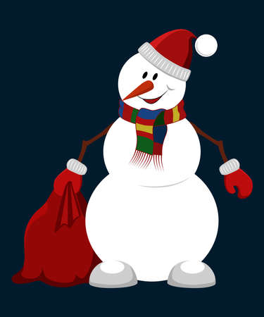 Vector image of a snowman. Cheerful snowman in a hat and scarf with a bag with gifts. Vector image on a blue background.のイラスト素材