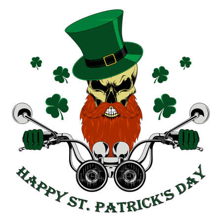 Skull with a beard and mustache in a green hat driving a motorcycle. Congratulations on the day of St. Patrick.のイラスト素材