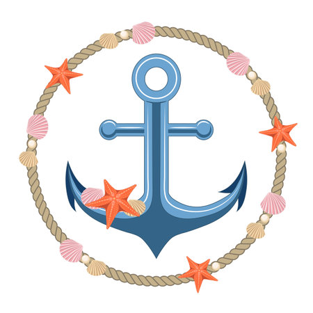 Anchor with shells and starfish on a white background.のイラスト素材
