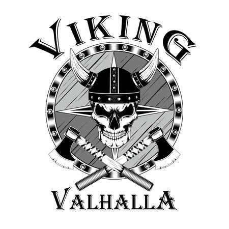 Vector image on white background Viking skull in helmet, shield, axes.のイラスト素材