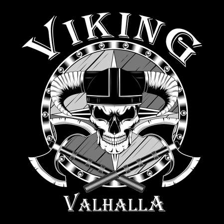 Viking skull in a helmet with two axes and a shield. Vector image on black background.のイラスト素材