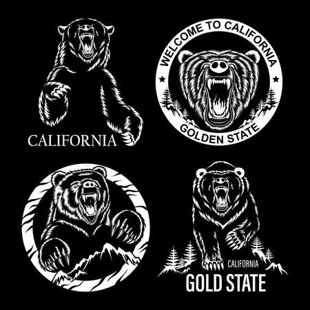 Set of emblems depicting angry bears. Vector image on a black background.のイラスト素材