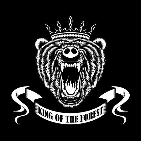 Vector black and white image of an evil bear in a crown. King of the forest.のイラスト素材