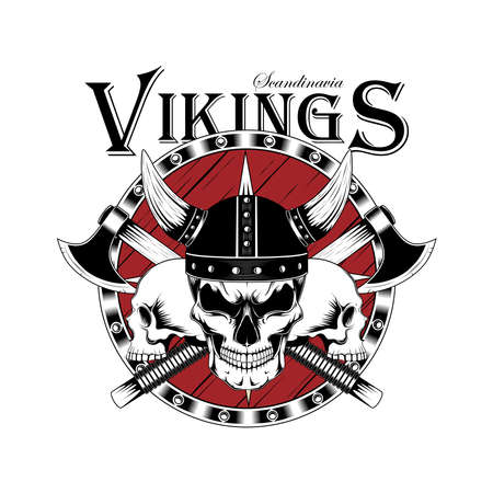 Vector black and white image of viking skulls with a shield and axes. Image on a white background.のイラスト素材