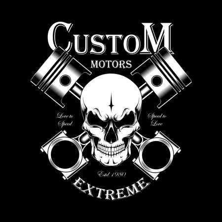 Monochrome vector image with pistons and a skull. Moto emblem on a black background.のイラスト素材