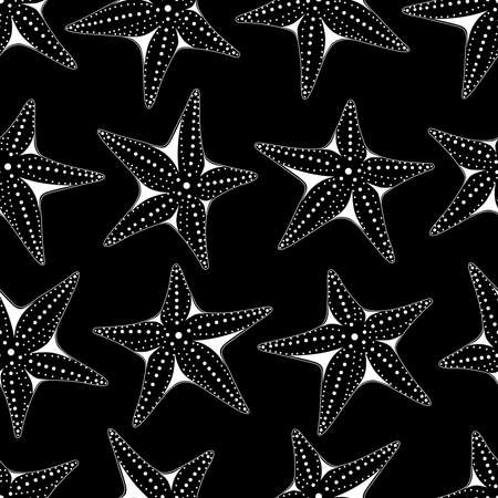 Seamless texture with the image of starfish. White starfish on a black background.のイラスト素材