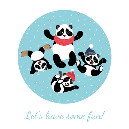 Little funny pandas play with their mother in winter. Vector illustration for children.のイラスト素材