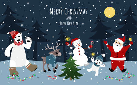 Vector image of a cheerful Santa Claus, bear, snowman, deer. Template for covers, banners, flyers, splash screens. Merry Christmas and Happy New Year.のイラスト素材
