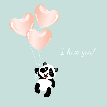 Cute little panda is flying on balloons. Template for postcards, flyers, banners.のイラスト素材