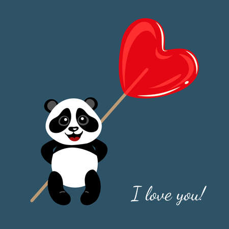 Little happy panda with big heart-shaped lollipop.のイラスト素材