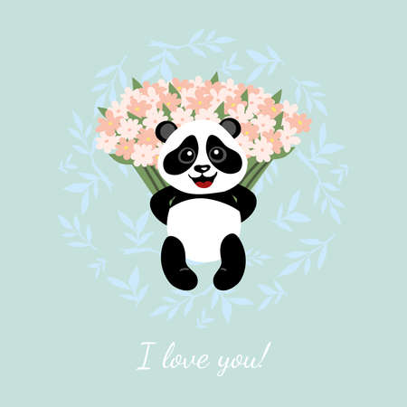 Little funny panda with a large bouquet of flowers.のイラスト素材