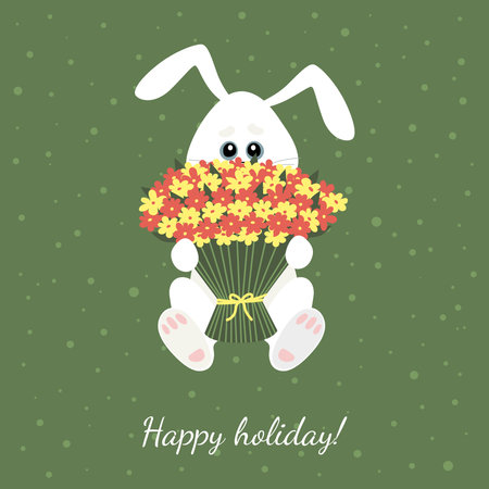 Small white hare with a bouquet of flowers. Illustration for children.のイラスト素材