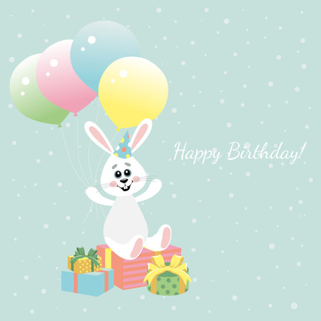 Vector image of a little hare with balloons. Happy Birthday.のイラスト素材