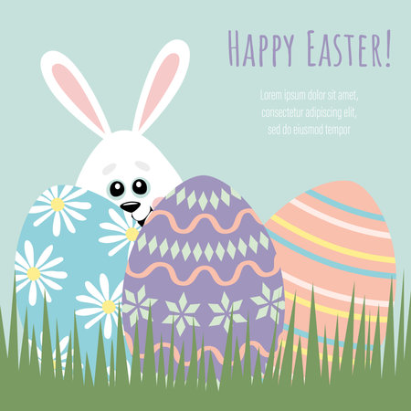 Cheerful little bunny is hiding behind Easter eggs.のイラスト素材