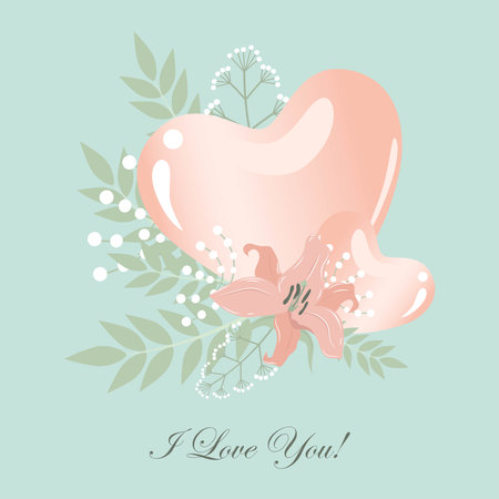 Pink hearts with lily and leaves. Design elements for cards, flyers, banners.のイラスト素材