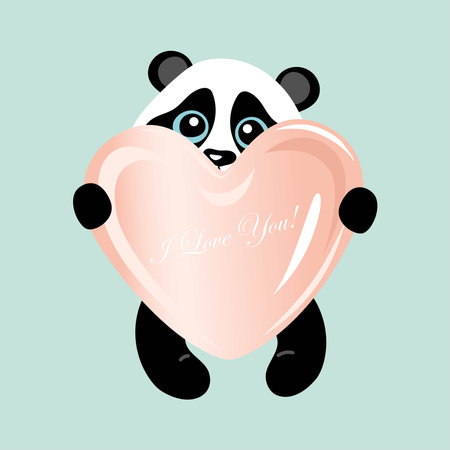 Vector image of a little cute panda with a big pink heart.のイラスト素材
