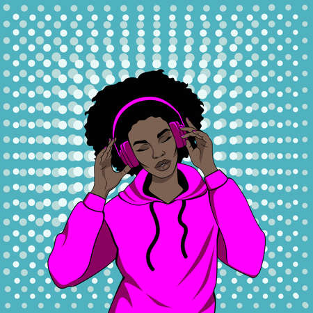 Pop art African American girl listens to music on headphones.のイラスト素材