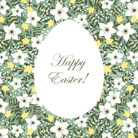 Congratulations on the day of Easter. Egg on a background of flowers and leaves. Template for postcards, flyers, banners.のイラスト素材
