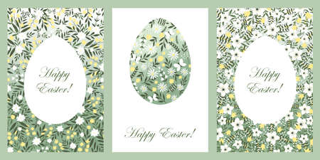Set of Easter cards with eggs and floral background. Design elements for cards, flyers, banners.のイラスト素材