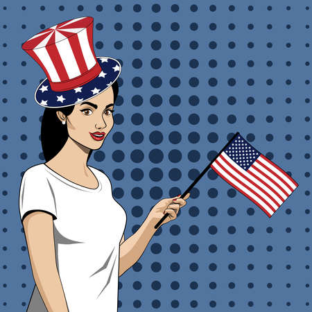 Vector image of a young American girl in a hat with a flag in her hand. America independence day. Design for postcards, flyers, banners.のイラスト素材