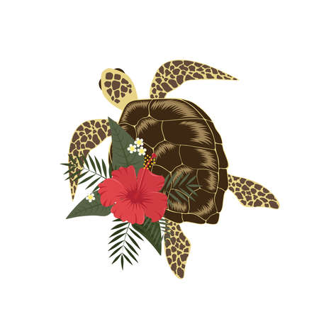 Vector image of a turtle with hibiscus flower and palm leaves.のイラスト素材