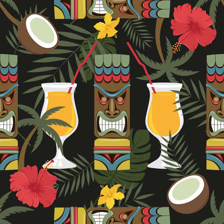 Seamless texture with the image of Hawaiian tiki statues, flowers, palm leaves.のイラスト素材