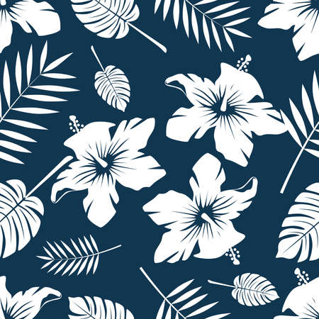 Seamless pattern with the image of Hawaiian flowers and palm leaves.のイラスト素材