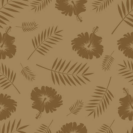 Seamless texture with hibiscus flowers, palm leaves isolated on a brown background. Vector monochrome sketch illustration. Design for printing paper, fabric.のイラスト素材