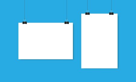 Sheets of white paper horizontal and vertical hang on clips and threads on blue background. Vector illustration EPS 10のイラスト素材
