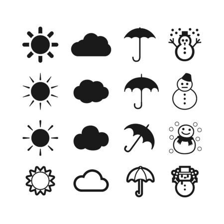 Weather icons set. The symbol of the sun, clouds of an umbrella with rain and a snowman with snow. Weather signs on a white background. Vector illustration EPS 10のイラスト素材