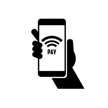 Contactless payment by phone using NFC. Hand holds the phone for payment by air icon symbol. Vector EPS 10のイラスト素材