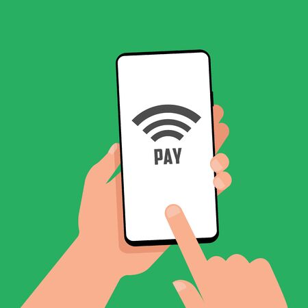 A hand is holding a smartphone with a contactless payment icon on the screen. Buying using the phone. NFC technologyのイラスト素材