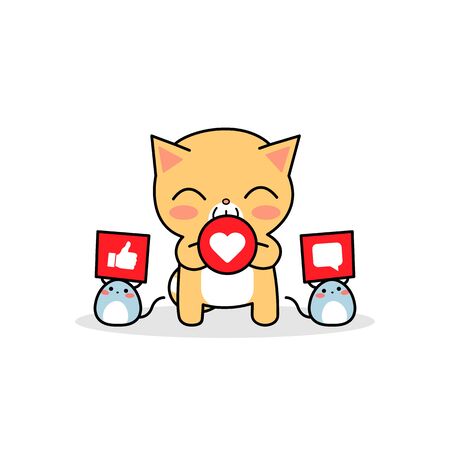 Cat with mice holds social icons heart thumb up and comment. Social activity. Vector illustration EPS 10のイラスト素材