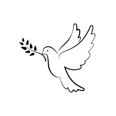 Dove of Peace symbol. Dove with olive branch. Hand drawn pigeon.の  