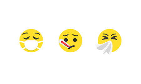 Sick emoji vector set. Sick emoticons Masked with thermometer and handkerchief.のイラスト素材