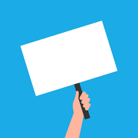 Hand holding a sign. Empty sign blank on blue background. Vector EPS10のイラスト素材