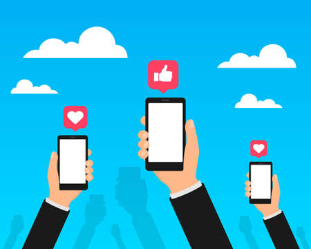 Social Media on mobile phones vector. Hands holds smartphones with social media.