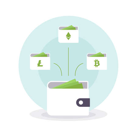 Bitcoin Ethereum Litecoin Cryptocurrency wallets. Online wallet symbol Vector illustrationのイラスト素材